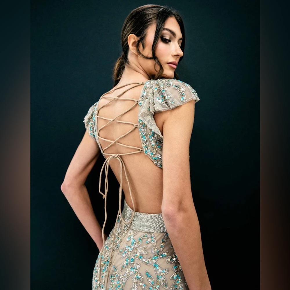 Mac Duggal Lace-Up Maxi Dress in Gold and Blue